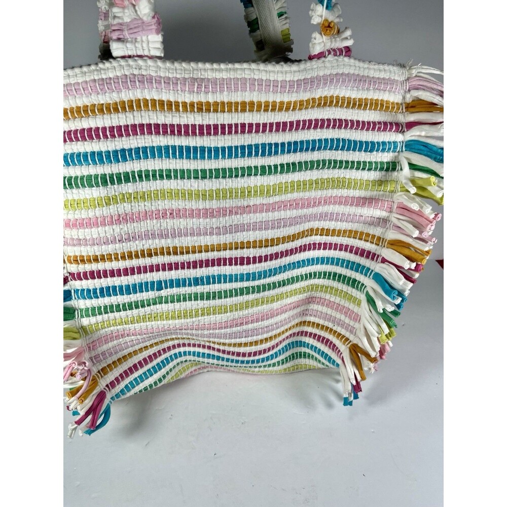 Shiraleah Chicago Recycled Cotton Rag Tote Bag Multi-Color Striped Boho Fringe - Picture 4 of 14